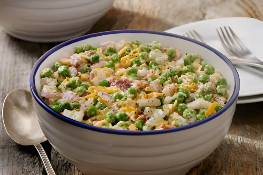 Freshly prepared Green Pea and Bacon Salad in a serving bowl