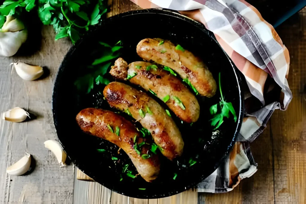 Juicy oven-baked sausages on a baking sheet with herbs