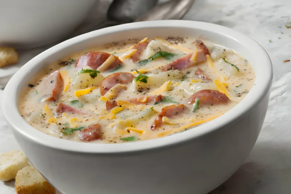 Steaming bowl of Kielbasa Potato Soup garnished with parsley