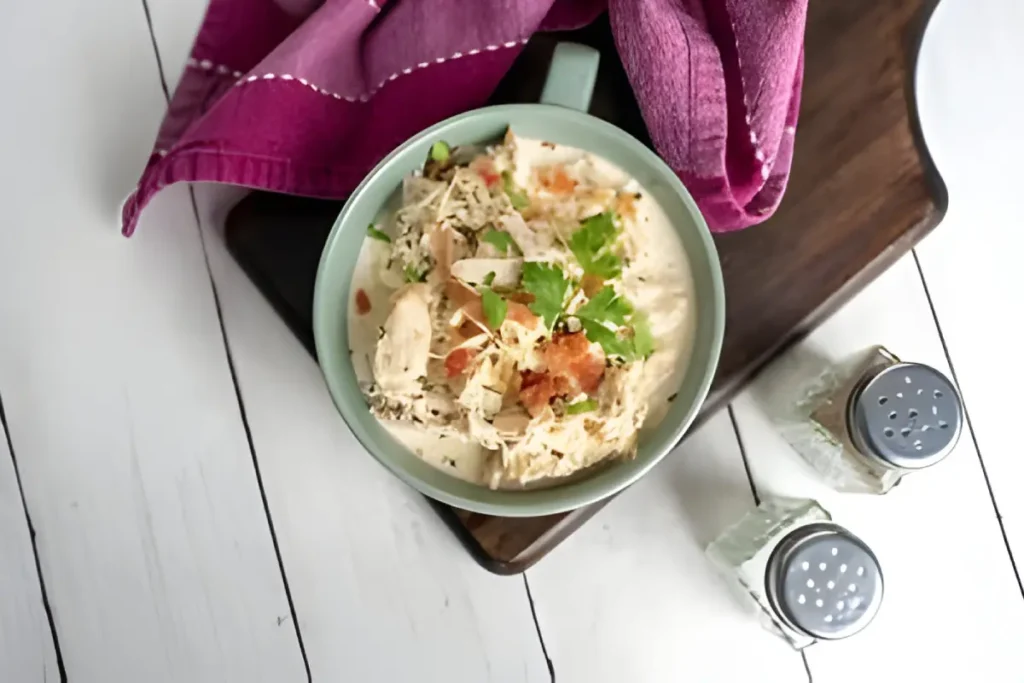 Delicious Crack Chicken served in a white bowl garnished with green onions and bacon bits