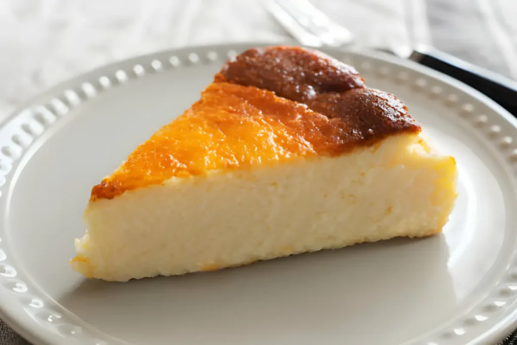 Freshly baked ricotta cheesecake on a white serving plate
