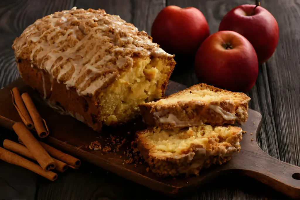Freshly-baked apple bread loaf on a cooling rack
