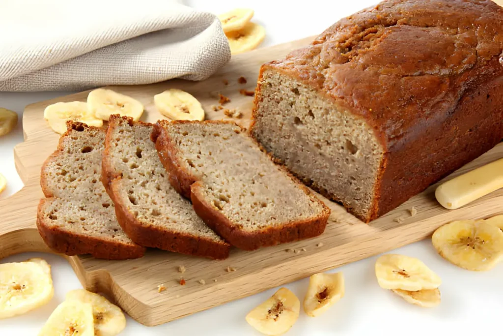 Golden-brown banana bread loaf on a cooling rack