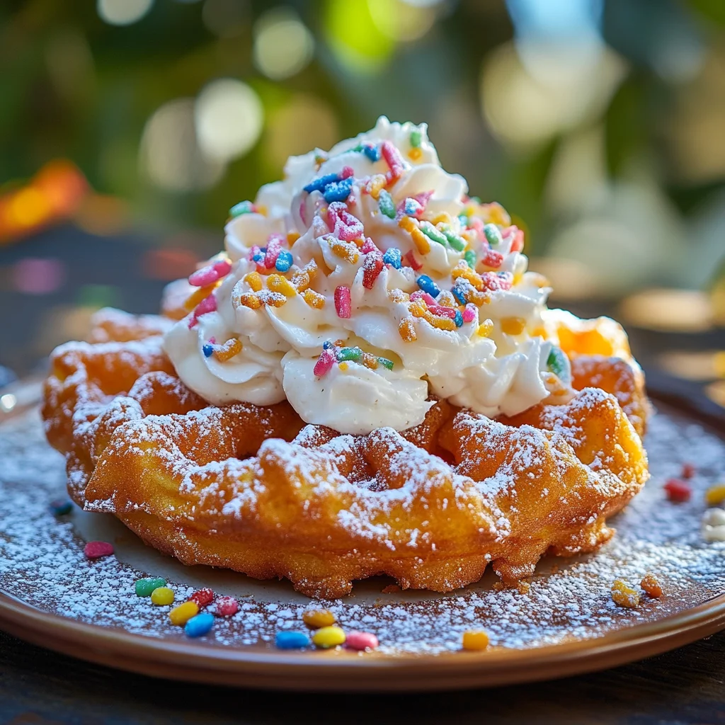 Golden funnel cake topped with powdered sugar, freshly fried, served warm on a white plate, crispy edges, soft center, perfect for a sweet treat or dessert.