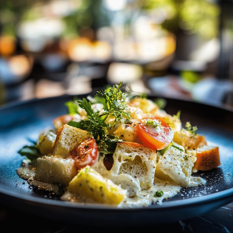 Fresh Creamy Caesar Salad topped with crunchy croutons, shaved parmesan cheese, and crisp romaine lettuce tossed in a rich, creamy dressing, served in a white bowl against a simple background.