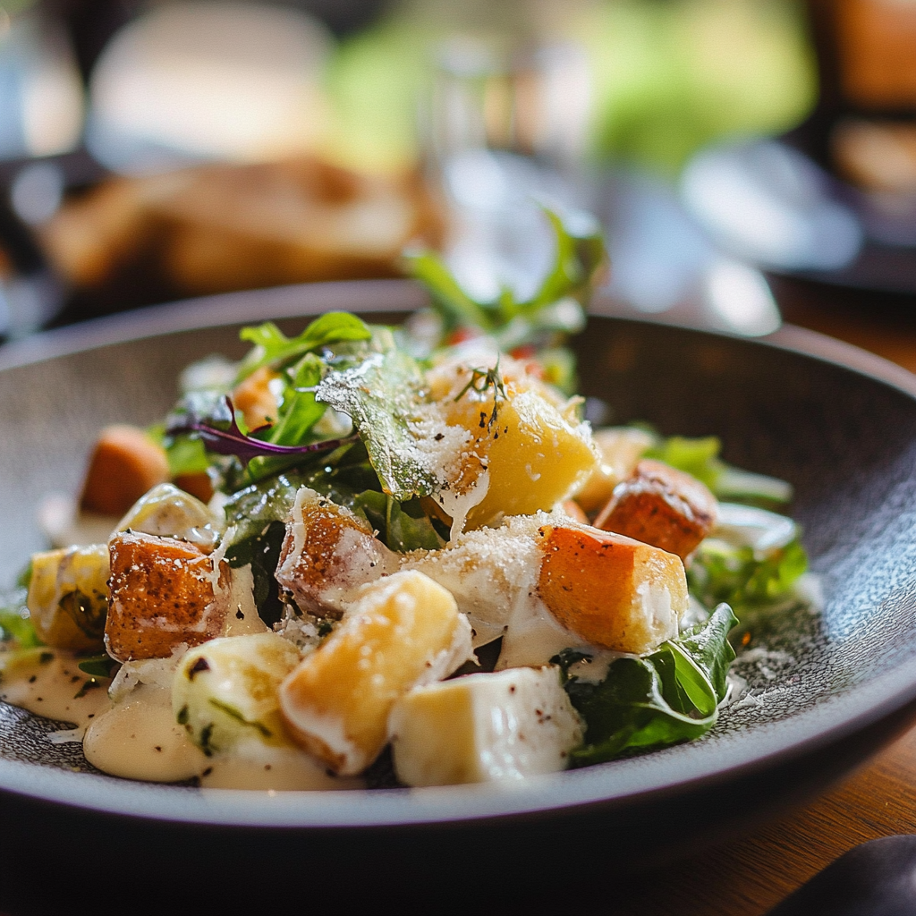 Fresh Creamy Caesar Salad topped with crunchy croutons, shaved parmesan cheese, and crisp romaine lettuce tossed in a rich, creamy dressing, served in a white bowl against a simple background.