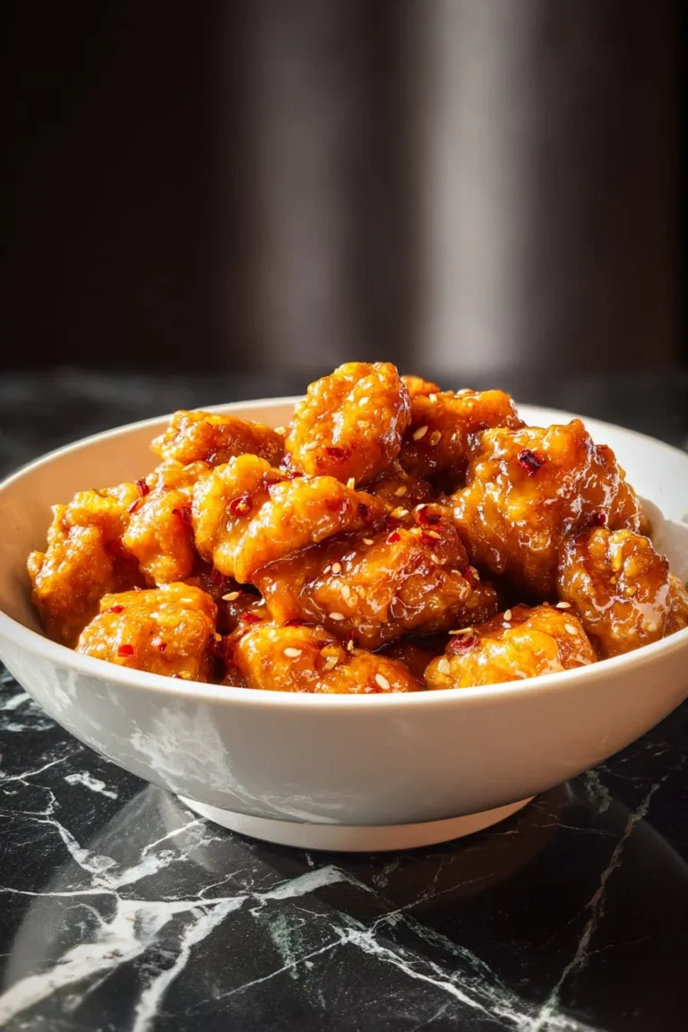 Homemade easy orange chicken served in a bowl, coated in glossy orange sauce, garnished with sesame seeds and green onions.