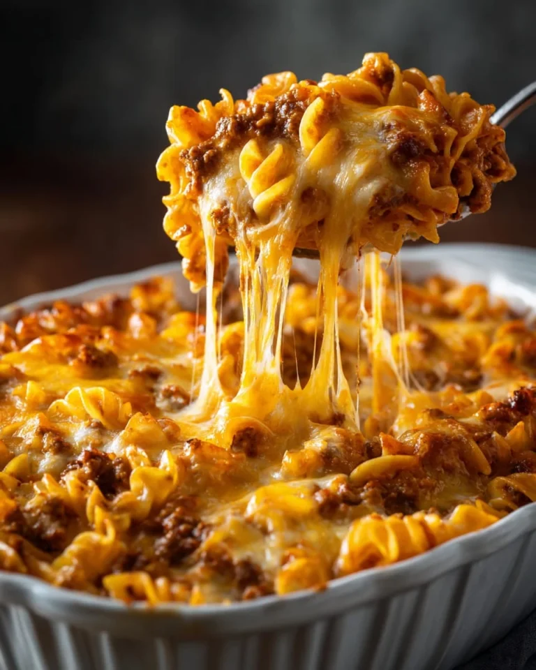 Baked sloppy joe casserole made with Manwich sauce, ground beef, pasta, and melted cheese in a casserole dish.